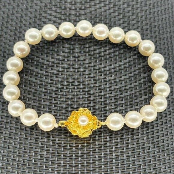 G. Silver Jewelry - Vintage Faux Pearl Bracelet Flower Shaped Clasp Marked G. Silver 7MM Faux Pearls